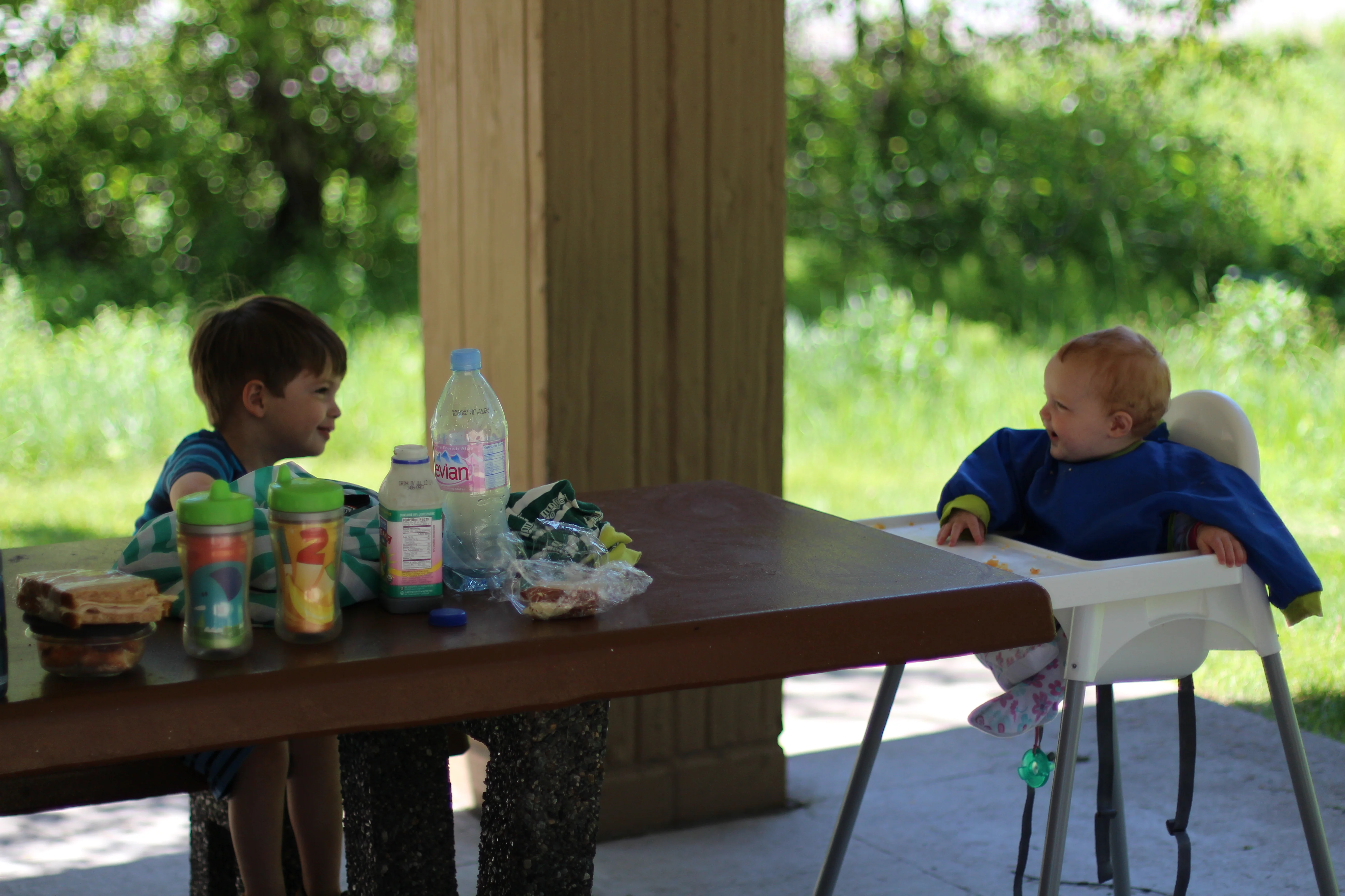 Kids eating at a rest stop in Montana.
